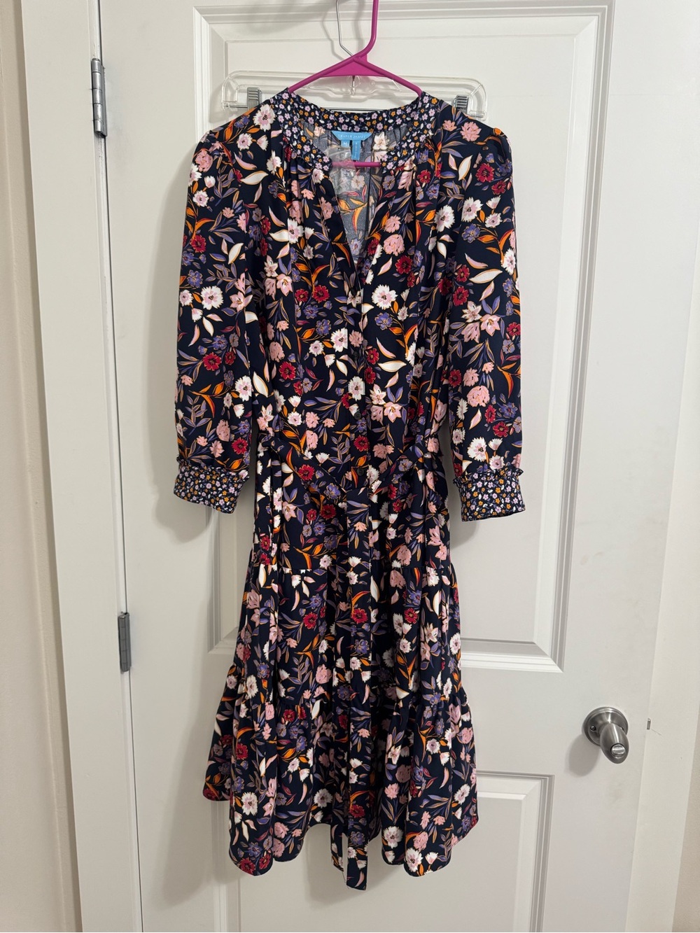 Draper James Navy Floral Long-Sleeve Midi Dress with Pink & Orange Blooms